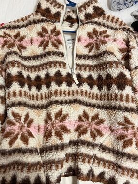 aerie Sherpa Half-Zip Turtleneck Sweater in Cream, Brown & Pink